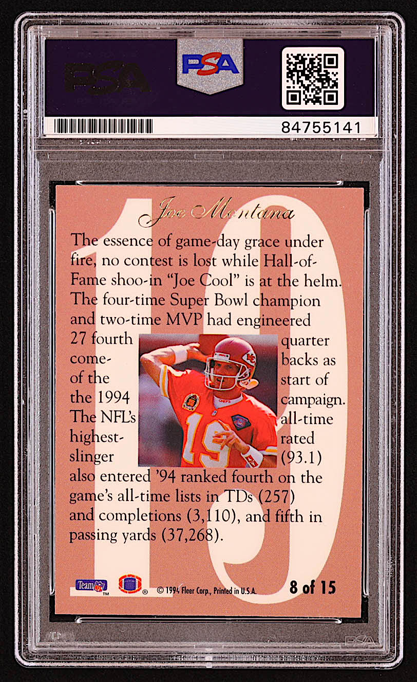 Joe Montana Signed 1994 Ultra Flair Hot Numbers #8 (PSA) at PristineAuction.com Joe Montana Signed 1994 Ultra Flair Hot Numbers #8 (PSA) at PristineAuction.com