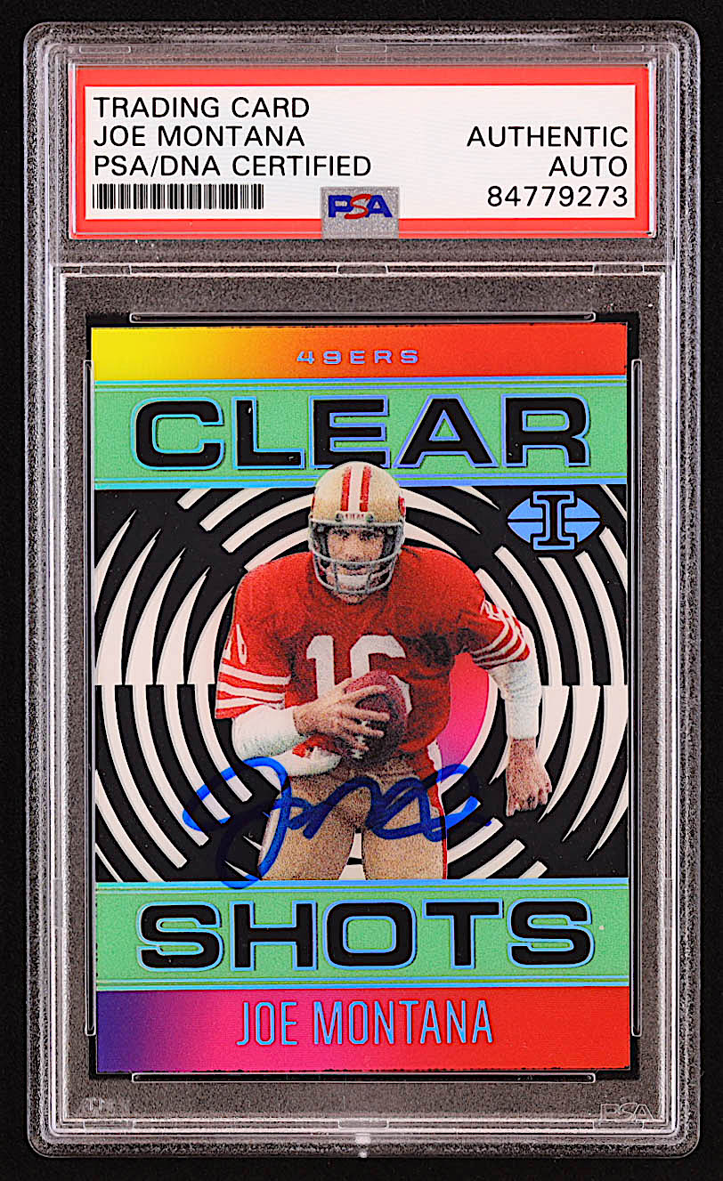 Joe Montana Signed 2021 Panini Illusions Clear Shots Emerald #12 (PSA) at PristineAuction.com Joe Montana Signed 2021 Panini Illusions Clear Shots Emerald #12 (PSA) at PristineAuction.com