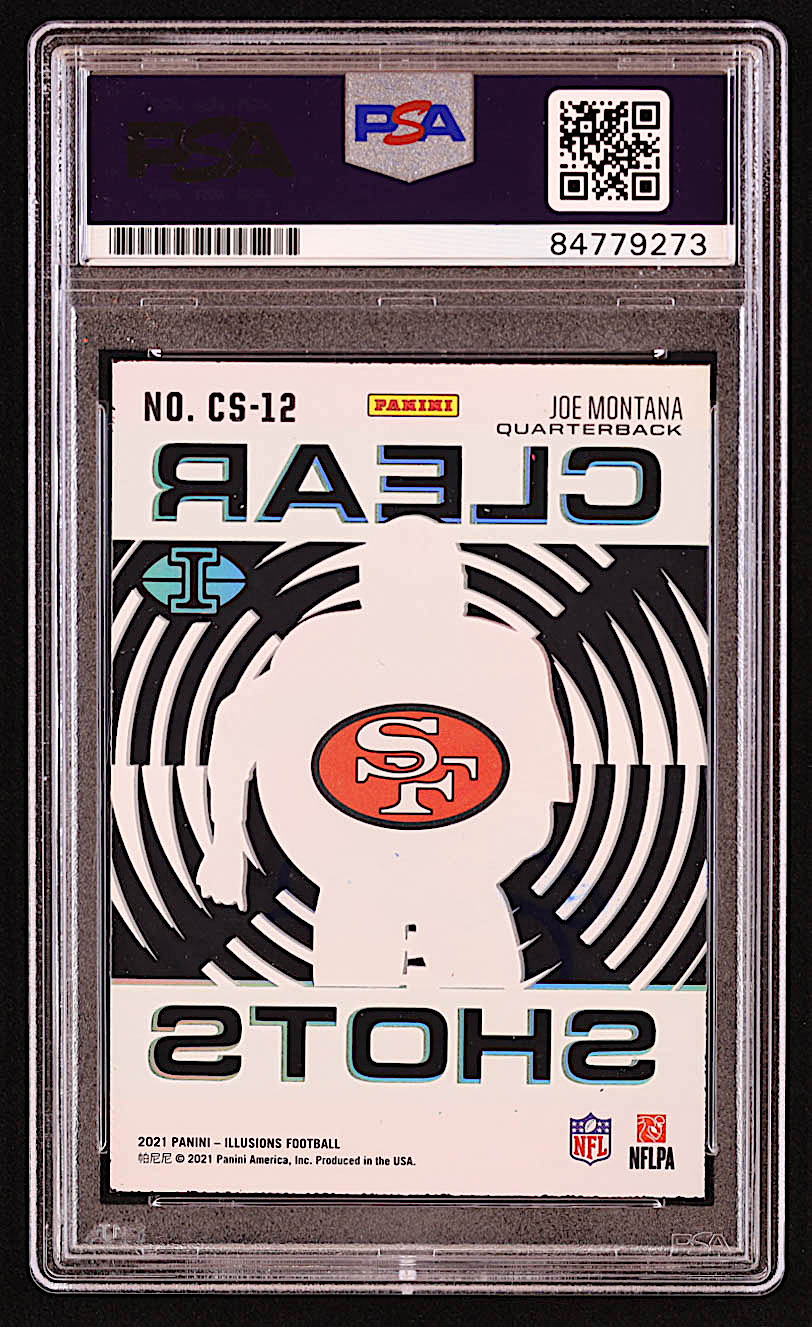 Joe Montana Signed 2021 Panini Illusions Clear Shots Emerald #12 (PSA) at PristineAuction.com Joe Montana Signed 2021 Panini Illusions Clear Shots Emerald #12 (PSA) at PristineAuction.com