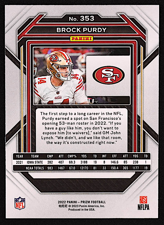 Brock Purdy 2022 Panini Prizm #353 RC at PristineAuction.com Brock Purdy 2022 Panini Prizm #353 RC at PristineAuction.com