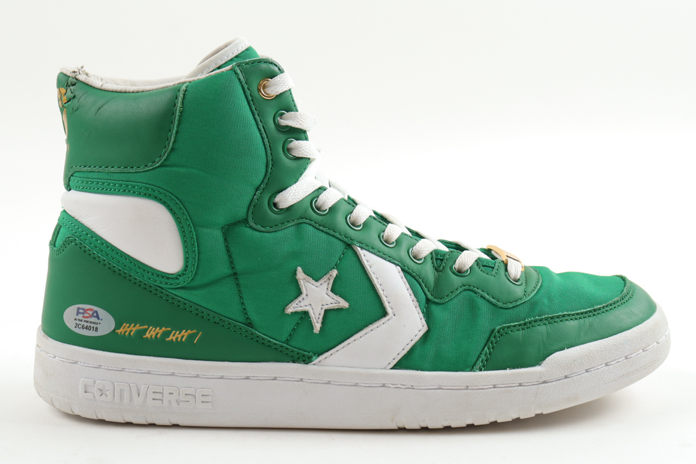 Larry Bird Signed Converse Special Edition 1984 Celtics Championship Shoe With Name Plaque Stand (PSA) at PristineAuction.com Larry Bird Signed Converse Special Edition 1984 Celtics Championship Shoe With Name Plaque Stand (PSA) at PristineAuction.com
