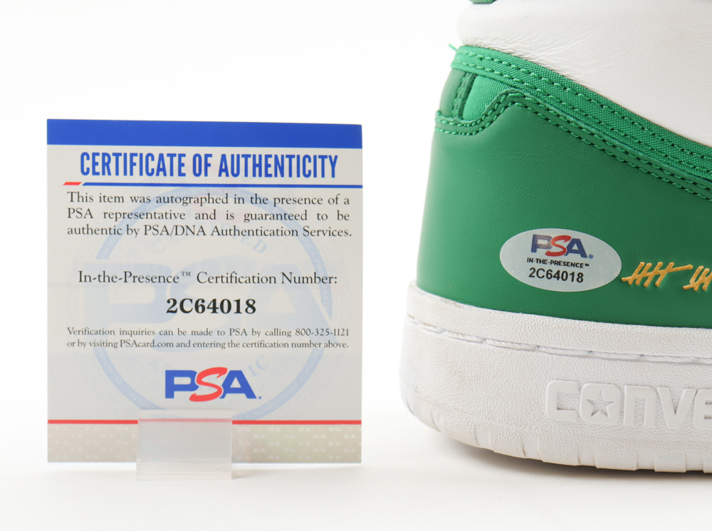 Larry Bird Signed Converse Special Edition 1984 Celtics Championship Shoe With Name Plaque Stand (PSA) at PristineAuction.com Larry Bird Signed Converse Special Edition 1984 Celtics Championship Shoe With Name Plaque Stand (PSA) at PristineAuction.com