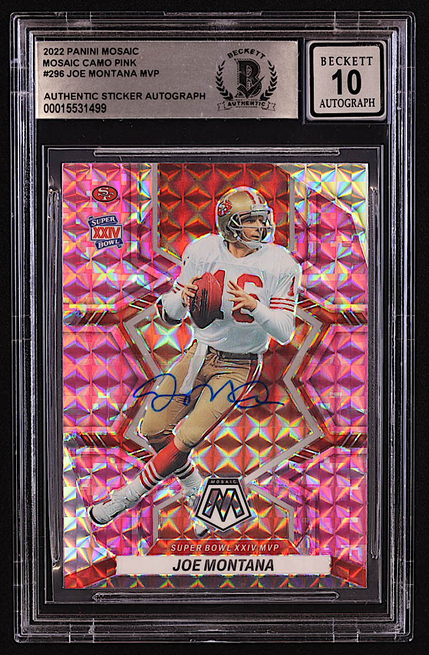 Joe Montana Signed Sticker On 2022 Panini Mosaic Mosaic Camo Pink #296 MVP (BGS | Autograph Graded BGS 10) at PristineAuction.com Joe Montana Signed Sticker On 2022 Panini Mosaic Mosaic Camo Pink #296 MVP (BGS | Autograph Graded BGS 10) at PristineAuction.com