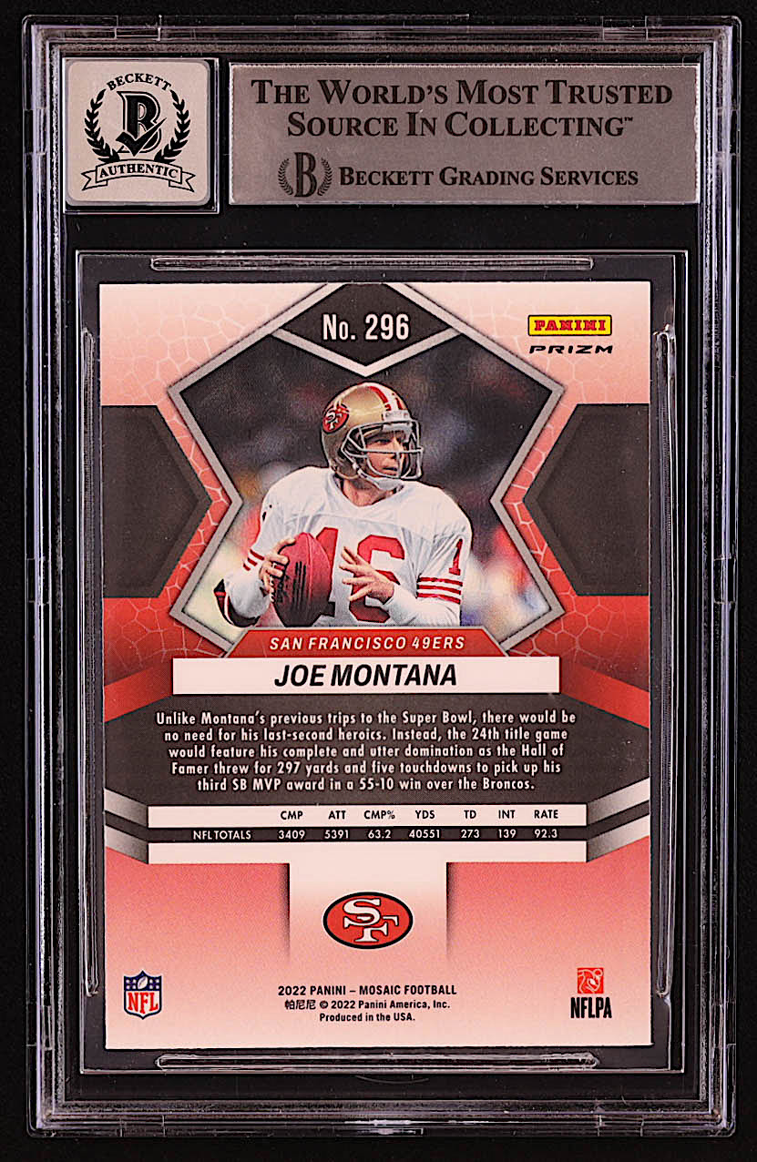 Joe Montana Signed Sticker On 2022 Panini Mosaic Mosaic Camo Pink #296 MVP (BGS | Autograph Graded BGS 10) at PristineAuction.com Joe Montana Signed Sticker On 2022 Panini Mosaic Mosaic Camo Pink #296 MVP (BGS | Autograph Graded BGS 10) at PristineAuction.com
