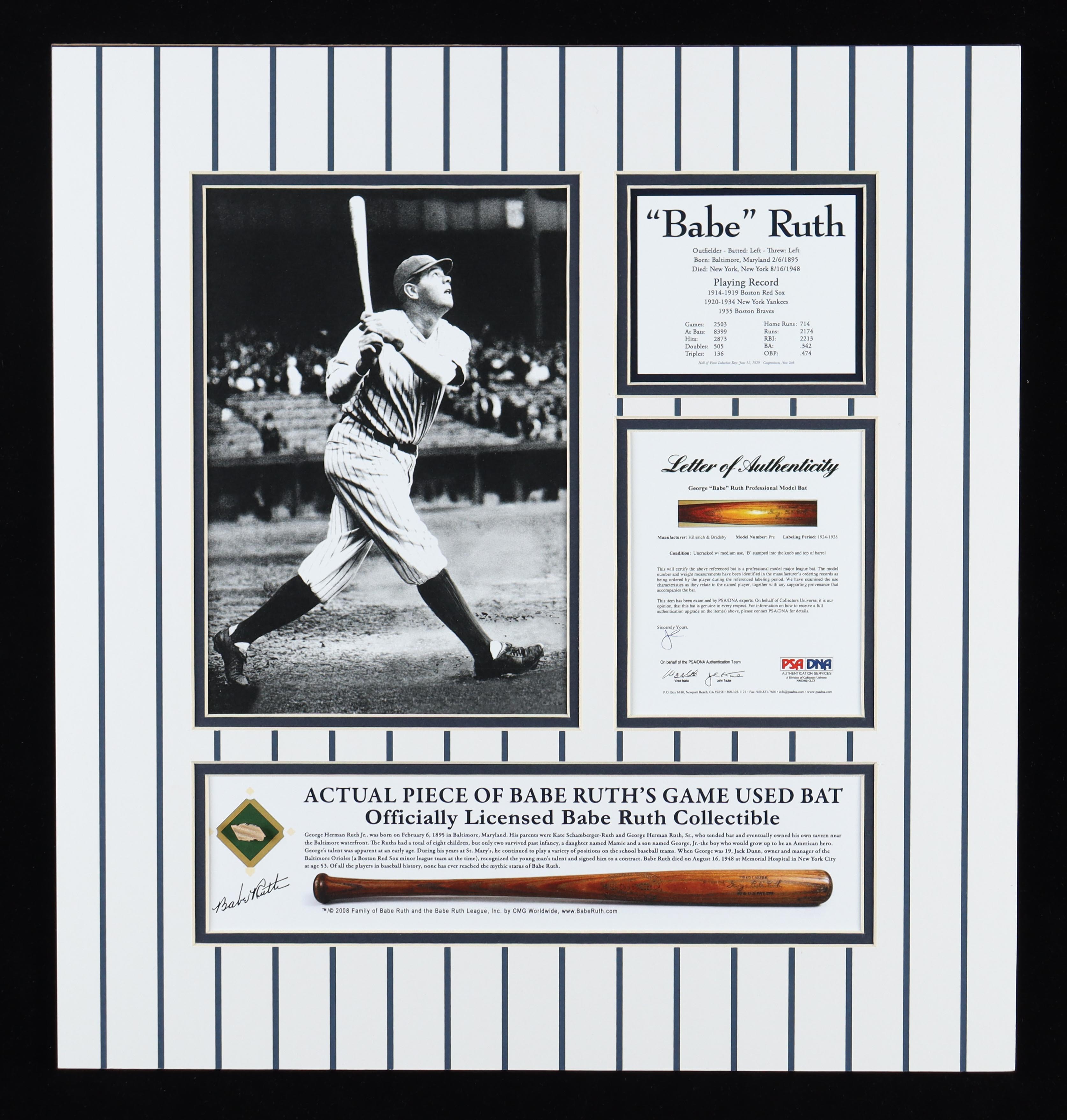 Babe Ruth Yankees 18x20 Custom Matted Game-Used Baseball Bat Piece Display (PSA) at PristineAuction.com Babe Ruth Yankees 18x20 Custom Matted Game-Used Baseball Bat Piece Display (PSA) at PristineAuction.com