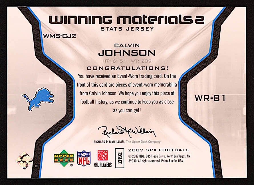 Calvin Johnson 2007 SPx Winning Materials Jersey Number Dual #WMCJ RC at PristineAuction.com Calvin Johnson 2007 SPx Winning Materials Jersey Number Dual #WMCJ RC at PristineAuction.com