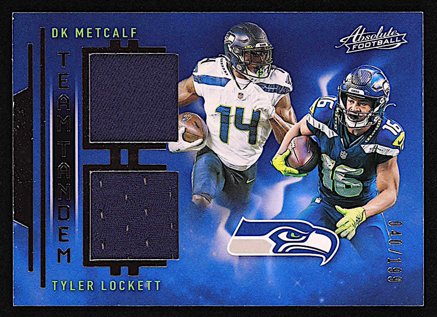 D.K. Metcalf / Tyler Lockett 2021 Absolute Team Tandem Materials #12 #040/199 at PristineAuction.com D.K. Metcalf / Tyler Lockett 2021 Absolute Team Tandem Materials #12 #040/199 at PristineAuction.com