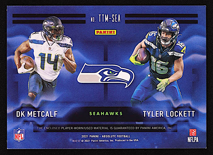 D.K. Metcalf / Tyler Lockett 2021 Absolute Team Tandem Materials #12 #040/199 at PristineAuction.com D.K. Metcalf / Tyler Lockett 2021 Absolute Team Tandem Materials #12 #040/199 at PristineAuction.com