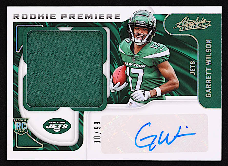 Garrett Wilson 2022 Absolute Rookie Premiere Materials Autographs Jumbo #206 RC #30/99 at PristineAuction.com Garrett Wilson 2022 Absolute Rookie Premiere Materials Autographs Jumbo #206 RC #30/99 at PristineAuction.com