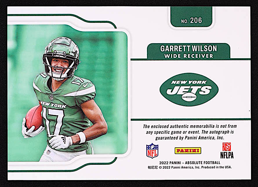 Garrett Wilson 2022 Absolute Rookie Premiere Materials Autographs Jumbo #206 RC #30/99 at PristineAuction.com Garrett Wilson 2022 Absolute Rookie Premiere Materials Autographs Jumbo #206 RC #30/99 at PristineAuction.com