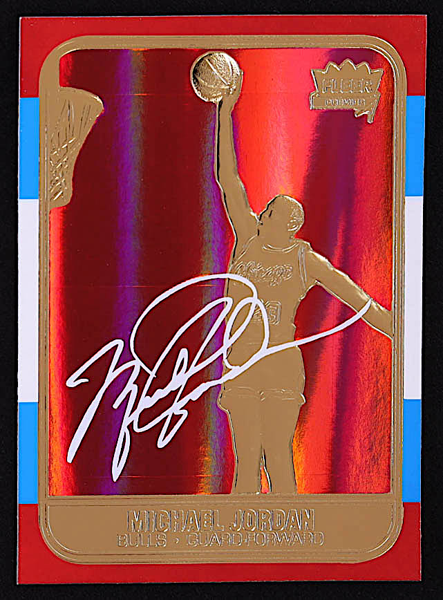 Michael Jordan 1997 Fleer Premier Red Holo Refractor 23Kt Gold Card #10472 at PristineAuction.com Michael Jordan 1997 Fleer Premier Red Holo Refractor 23Kt Gold Card #10472 at PristineAuction.com