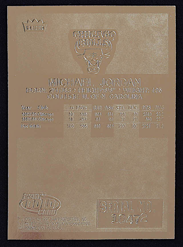 Michael Jordan 1997 Fleer Premier Red Holo Refractor 23Kt Gold Card #10472 at PristineAuction.com Michael Jordan 1997 Fleer Premier Red Holo Refractor 23Kt Gold Card #10472 at PristineAuction.com