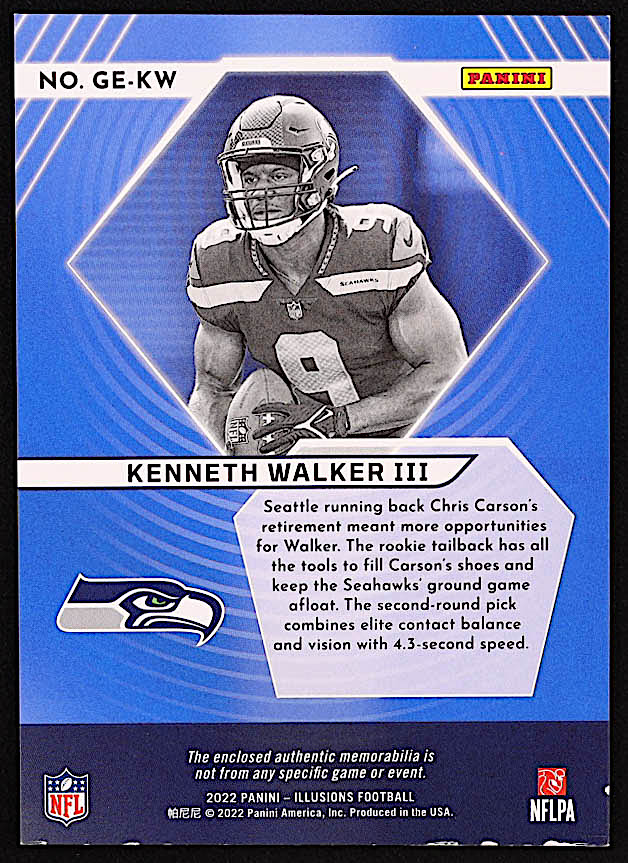 Kenneth Walker III 2022 Panini Illusions Great Expectations Materials #18 RC at PristineAuction.com Kenneth Walker III 2022 Panini Illusions Great Expectations Materials #18 RC at PristineAuction.com