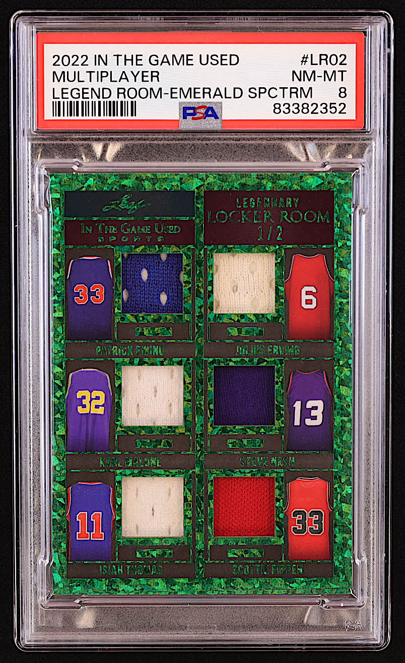 Patrick Ewing / Julius Erving / Karl Malone / Steve Nash / Isiah Thomas / Scottie Pippen 2022 ITG Used Sports Legendary Locker Room Materials Emerald Spectrum #LR02 #1/2 (PSA 8) at PristineAuction.com Patrick Ewing / Julius Erving / Karl Malone / Steve Nash / Isiah Thomas / Scottie Pippen 2022 ITG Used Sports Legendary Locker Room Materials Emerald Spectrum #LR02 #1/2 (PSA 8) at PristineAuction.com