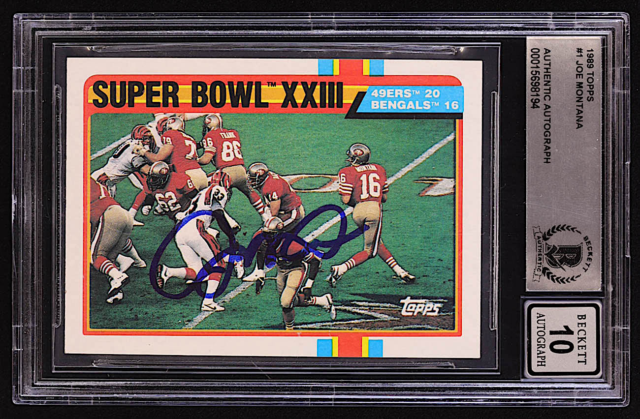 Joe Montana Signed 1989 Topps #1 Super Bowl XXIII (BGS | Auto 10) at PristineAuction.com Joe Montana Signed 1989 Topps #1 Super Bowl XXIII (BGS | Auto 10) at PristineAuction.com