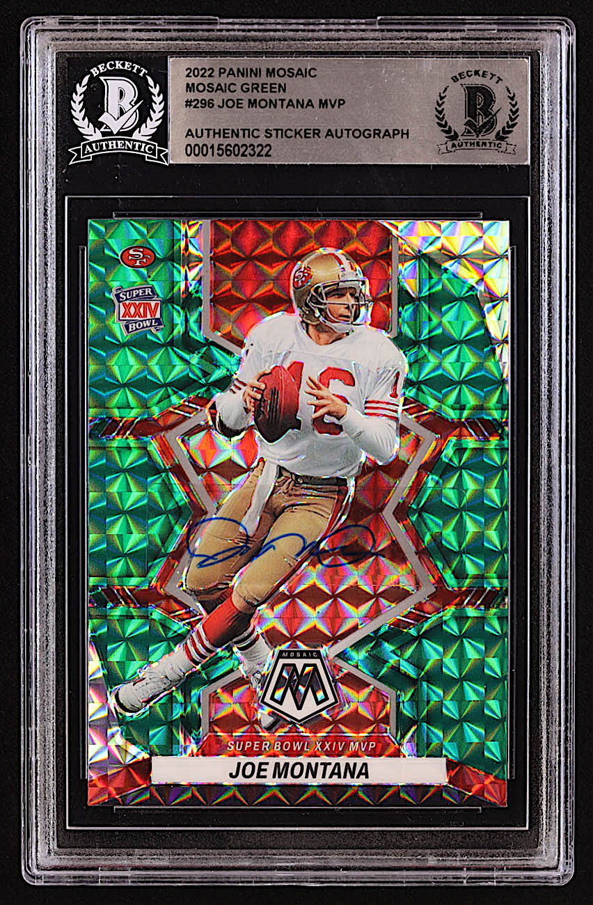 Joe Montana Signed 2022 Panini Mosaic Mosaic Green #296 MVP (BGS) at PristineAuction.com Joe Montana Signed 2022 Panini Mosaic Mosaic Green #296 MVP (BGS) at PristineAuction.com