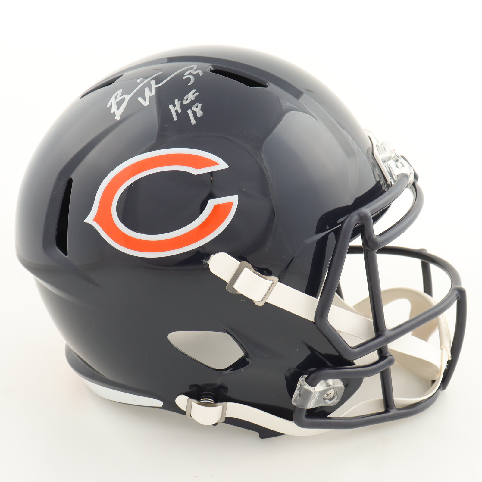 Brian Urlacher Signed Bears Full-Size Speed Helmet Inscribed "HOF 18" (Beckett) at PristineAuction.com Brian Urlacher Signed Bears Full-Size Speed Helmet Inscribed "HOF 18" (Beckett) at PristineAuction.com