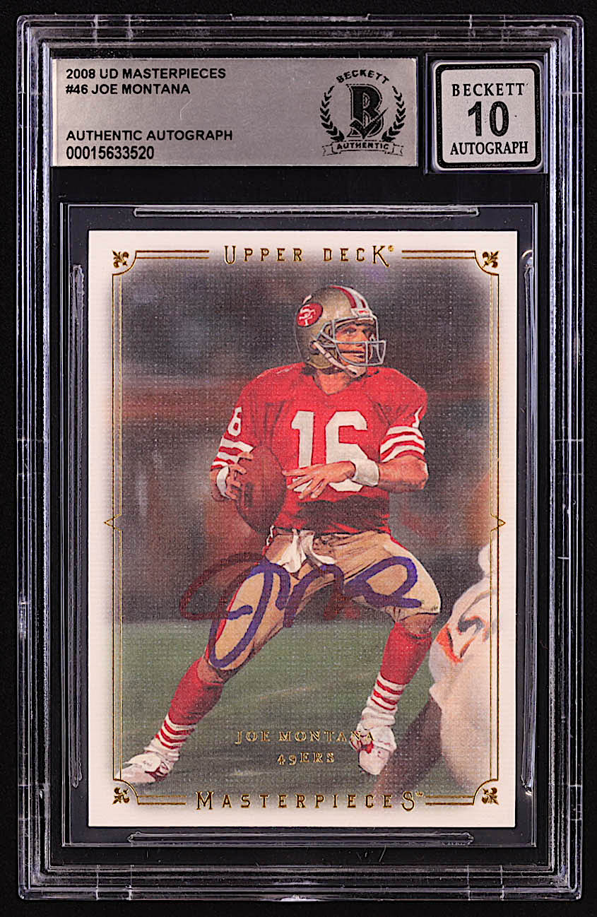 Joe Montana Signed 2008 UD Masterpieces #46 (BGS | Auto 10) at PristineAuction.com Joe Montana Signed 2008 UD Masterpieces #46 (BGS | Auto 10) at PristineAuction.com
