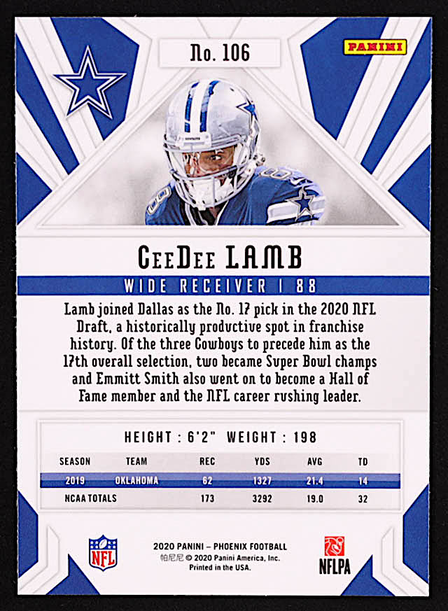 CeeDee Lamb 2020 Panini Phoenix Fire Burst #106 RC at PristineAuction.com CeeDee Lamb 2020 Panini Phoenix Fire Burst #106 RC at PristineAuction.com