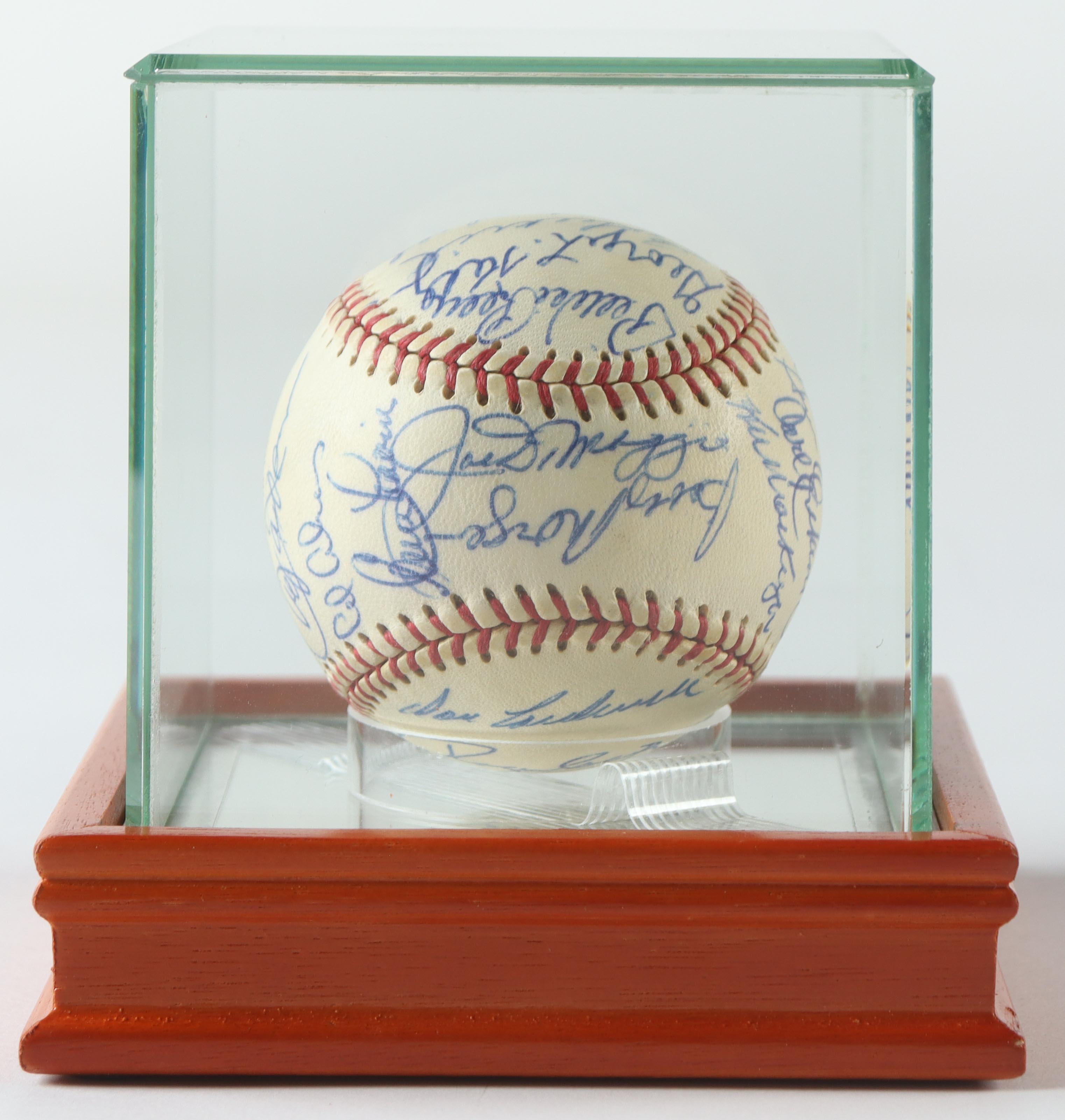 New York Baseball Stars ONL Baseball Signed by (27) with Joe Dimaggio, Pee Wee Reese, Carl Furillo, George L. Kelly in Cherry Wood Display Case (PSA) at PristineAuction.com New York Baseball Stars ONL Baseball Signed by (27) with Joe Dimaggio, Pee Wee Reese, Carl Furillo, George L. Kelly in Cherry Wood Display Case (PSA) at PristineAuction.com