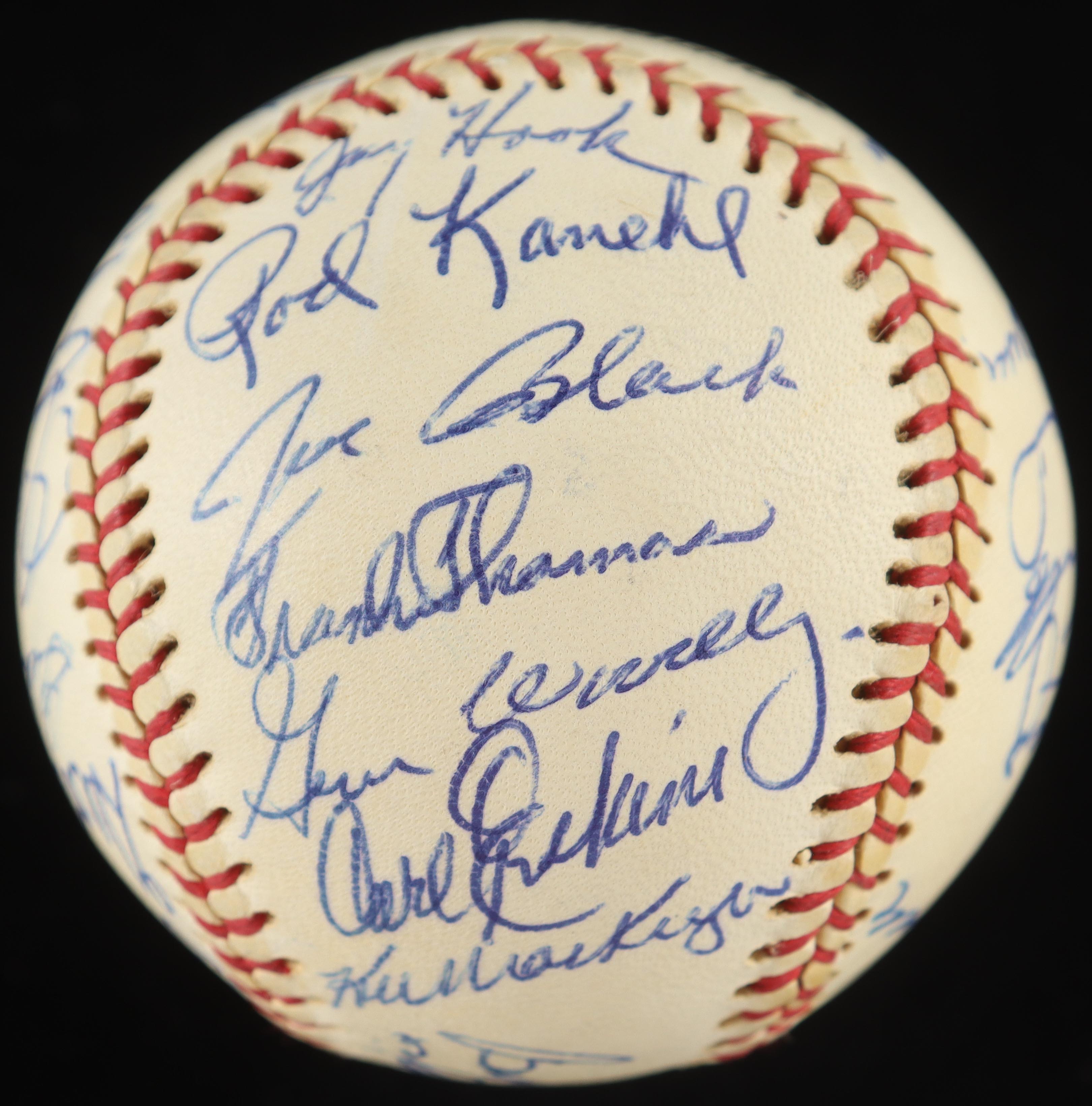 New York Baseball Stars ONL Baseball Signed by (27) with Joe Dimaggio, Pee Wee Reese, Carl Furillo, George L. Kelly in Cherry Wood Display Case (PSA) at PristineAuction.com New York Baseball Stars ONL Baseball Signed by (27) with Joe Dimaggio, Pee Wee Reese, Carl Furillo, George L. Kelly in Cherry Wood Display Case (PSA) at PristineAuction.com