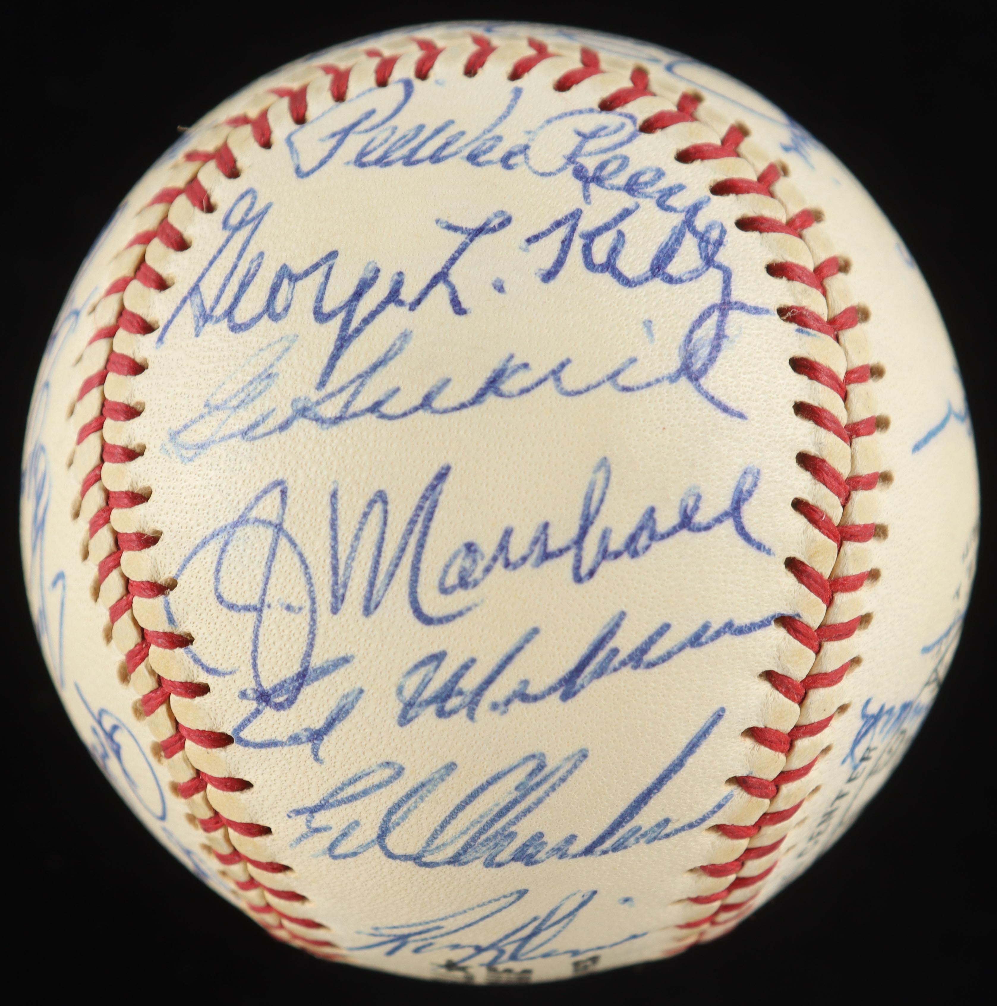 New York Baseball Stars ONL Baseball Signed by (27) with Joe Dimaggio, Pee Wee Reese, Carl Furillo, George L. Kelly in Cherry Wood Display Case (PSA) at PristineAuction.com New York Baseball Stars ONL Baseball Signed by (27) with Joe Dimaggio, Pee Wee Reese, Carl Furillo, George L. Kelly in Cherry Wood Display Case (PSA) at PristineAuction.com
