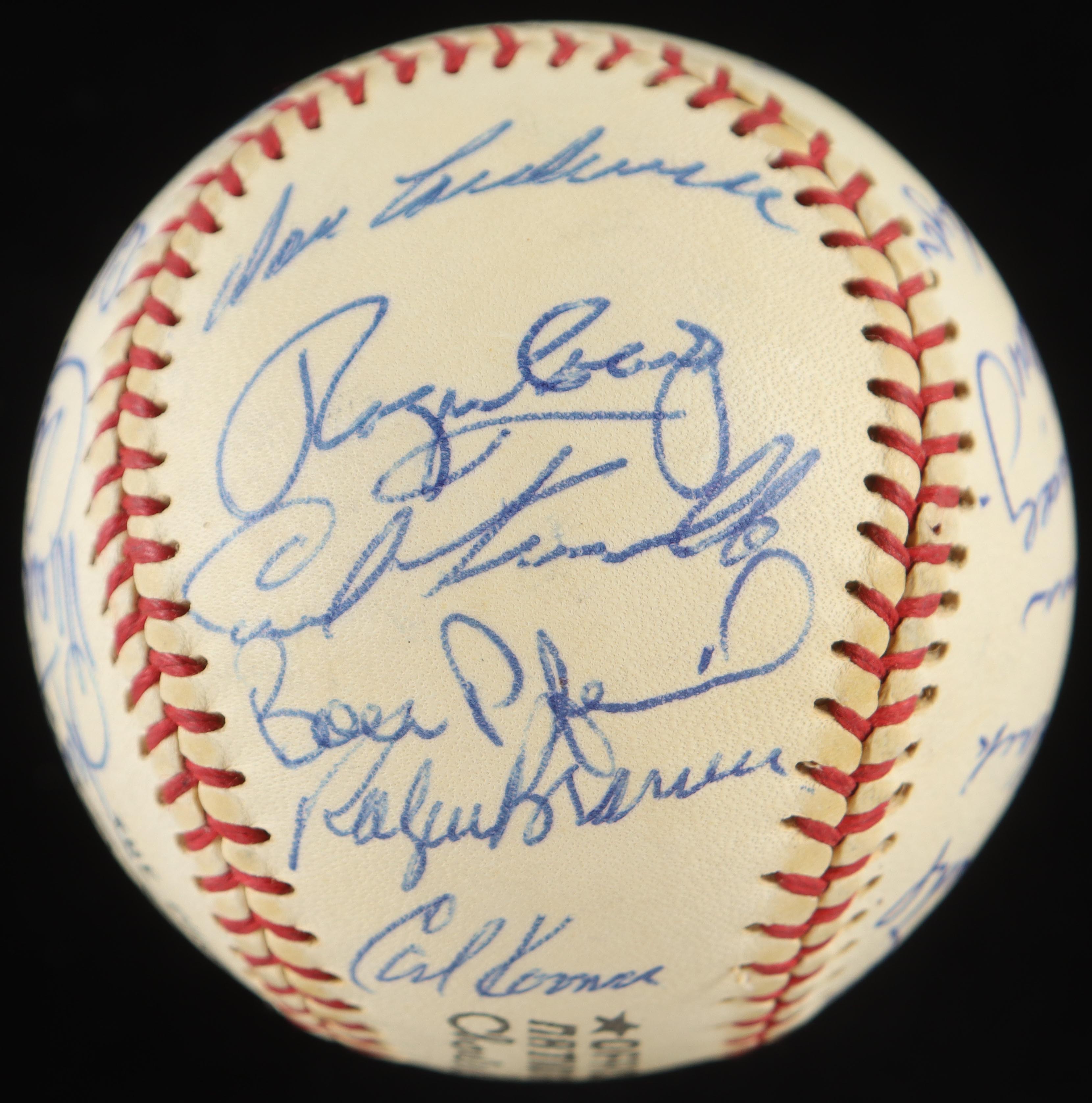 New York Baseball Stars ONL Baseball Signed by (27) with Joe Dimaggio, Pee Wee Reese, Carl Furillo, George L. Kelly in Cherry Wood Display Case (PSA) at PristineAuction.com New York Baseball Stars ONL Baseball Signed by (27) with Joe Dimaggio, Pee Wee Reese, Carl Furillo, George L. Kelly in Cherry Wood Display Case (PSA) at PristineAuction.com