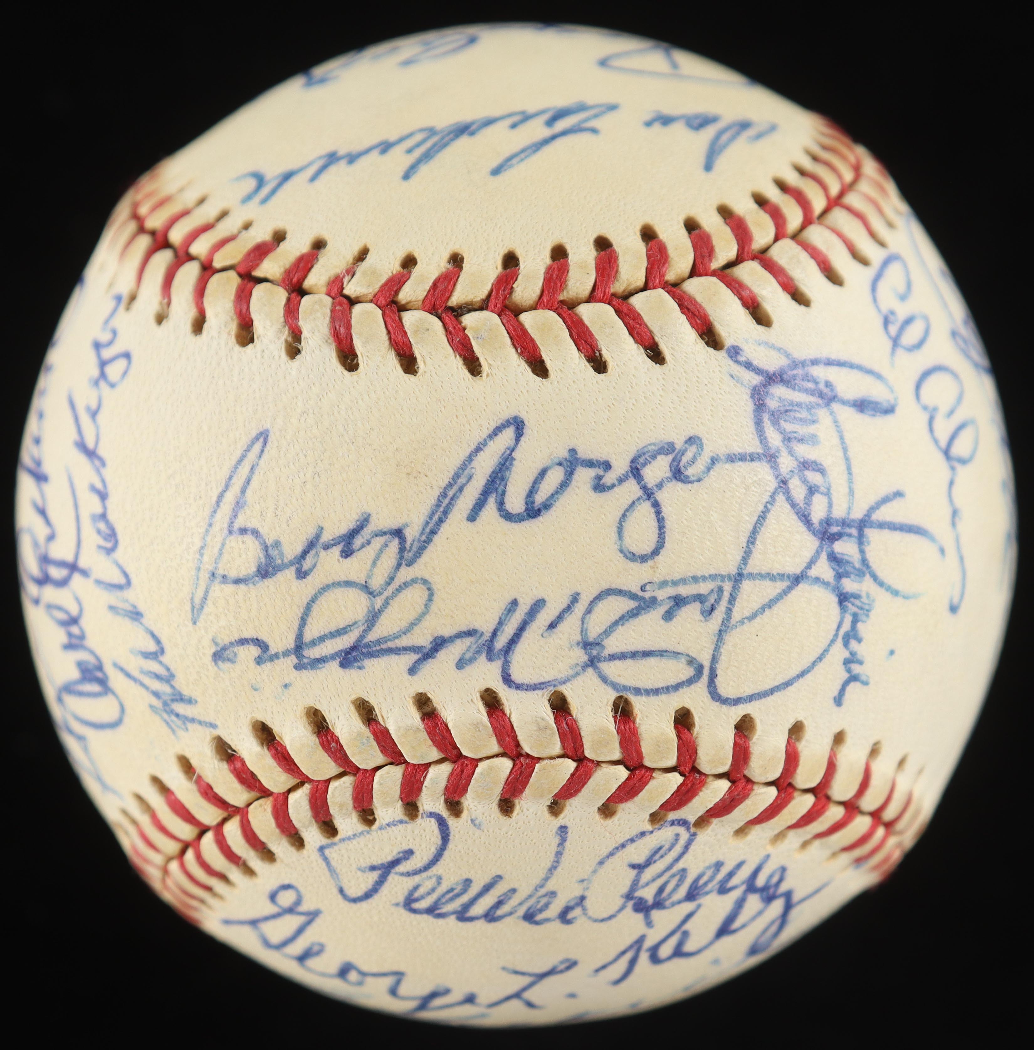 New York Baseball Stars ONL Baseball Signed by (27) with Joe Dimaggio, Pee Wee Reese, Carl Furillo, George L. Kelly in Cherry Wood Display Case (PSA) at PristineAuction.com New York Baseball Stars ONL Baseball Signed by (27) with Joe Dimaggio, Pee Wee Reese, Carl Furillo, George L. Kelly in Cherry Wood Display Case (PSA) at PristineAuction.com