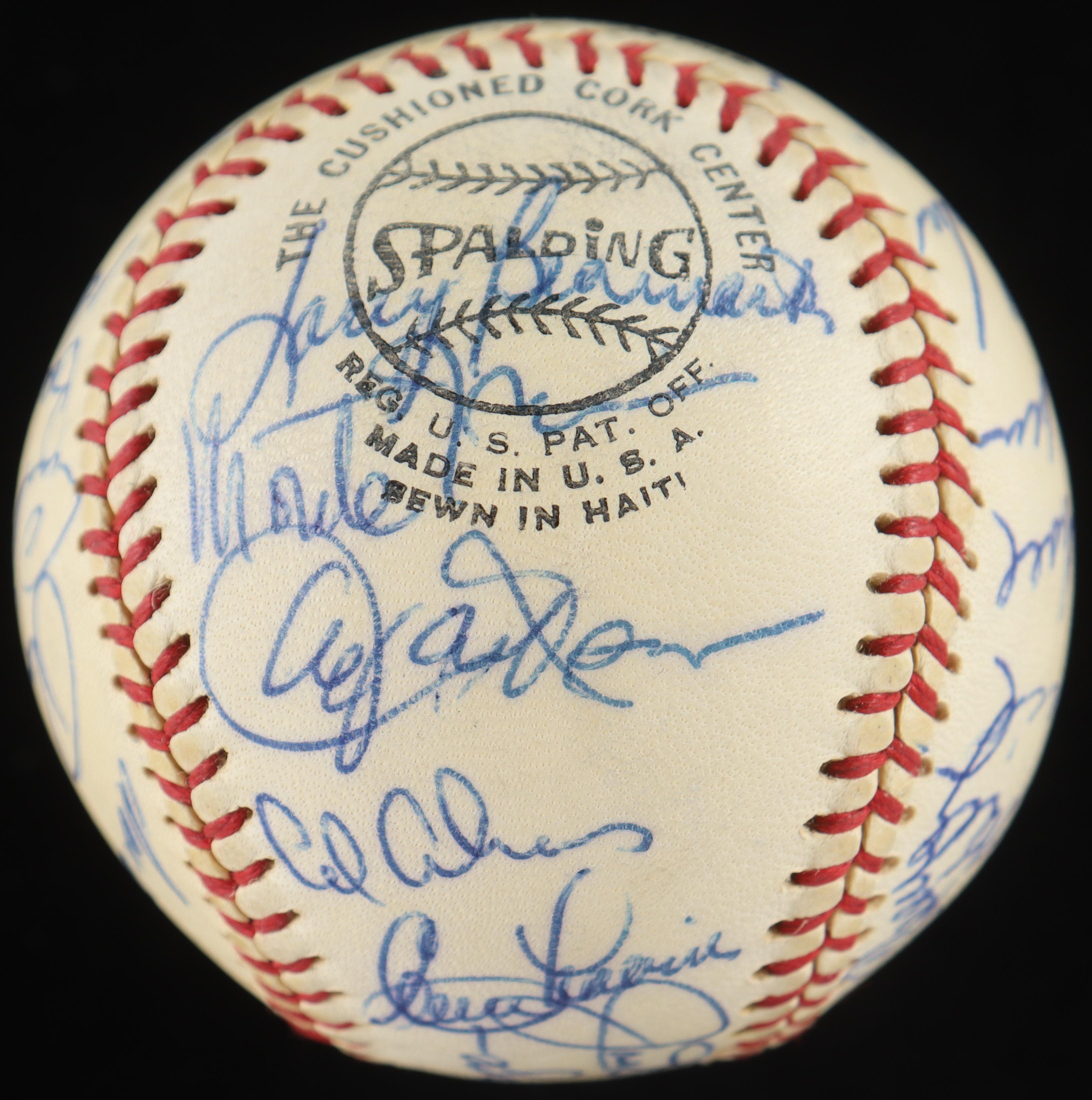 New York Baseball Stars ONL Baseball Signed by (27) with Joe Dimaggio, Pee Wee Reese, Carl Furillo, George L. Kelly in Cherry Wood Display Case (PSA) at PristineAuction.com New York Baseball Stars ONL Baseball Signed by (27) with Joe Dimaggio, Pee Wee Reese, Carl Furillo, George L. Kelly in Cherry Wood Display Case (PSA) at PristineAuction.com