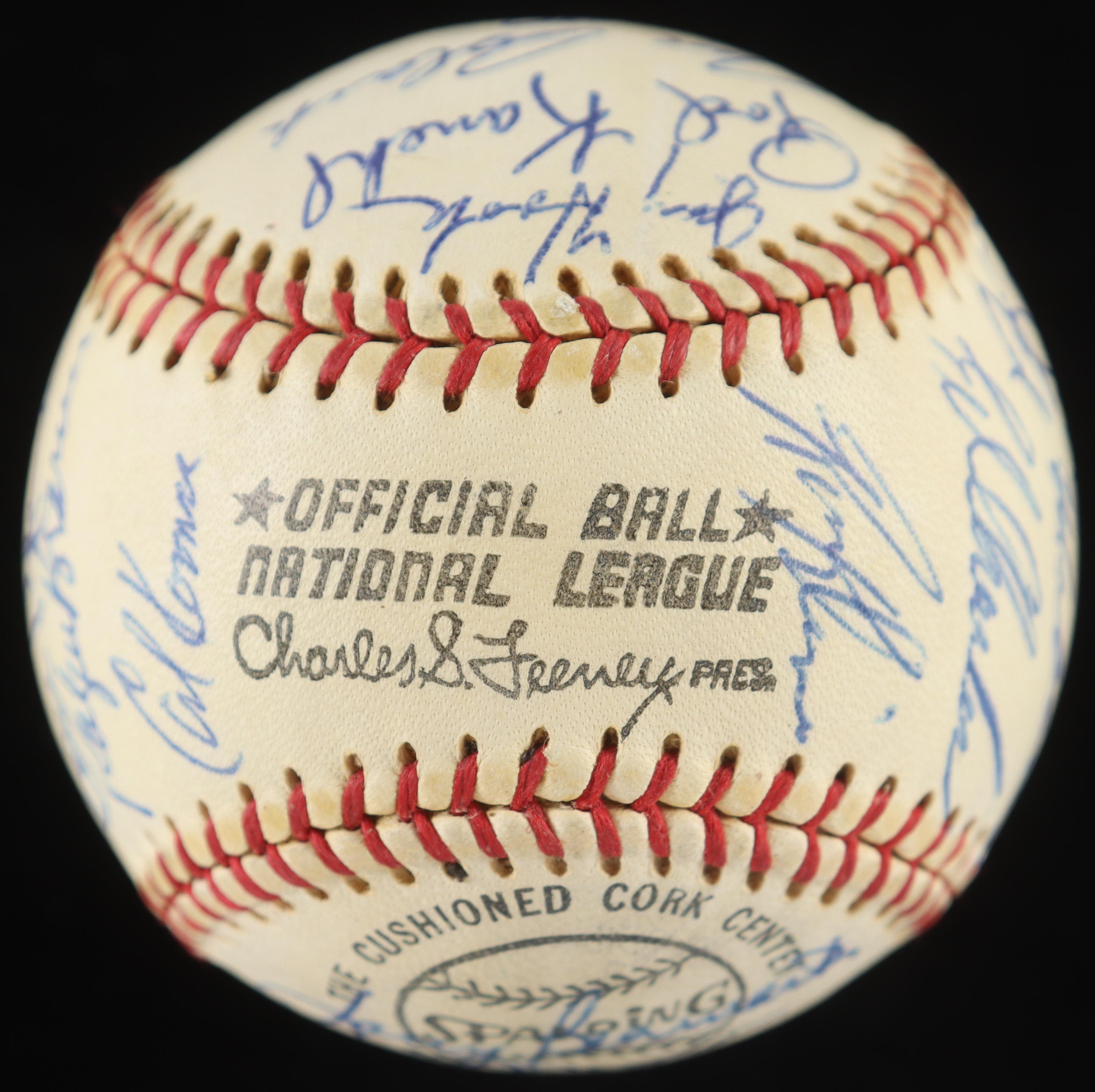 New York Baseball Stars ONL Baseball Signed by (27) with Joe Dimaggio, Pee Wee Reese, Carl Furillo, George L. Kelly in Cherry Wood Display Case (PSA) at PristineAuction.com New York Baseball Stars ONL Baseball Signed by (27) with Joe Dimaggio, Pee Wee Reese, Carl Furillo, George L. Kelly in Cherry Wood Display Case (PSA) at PristineAuction.com
