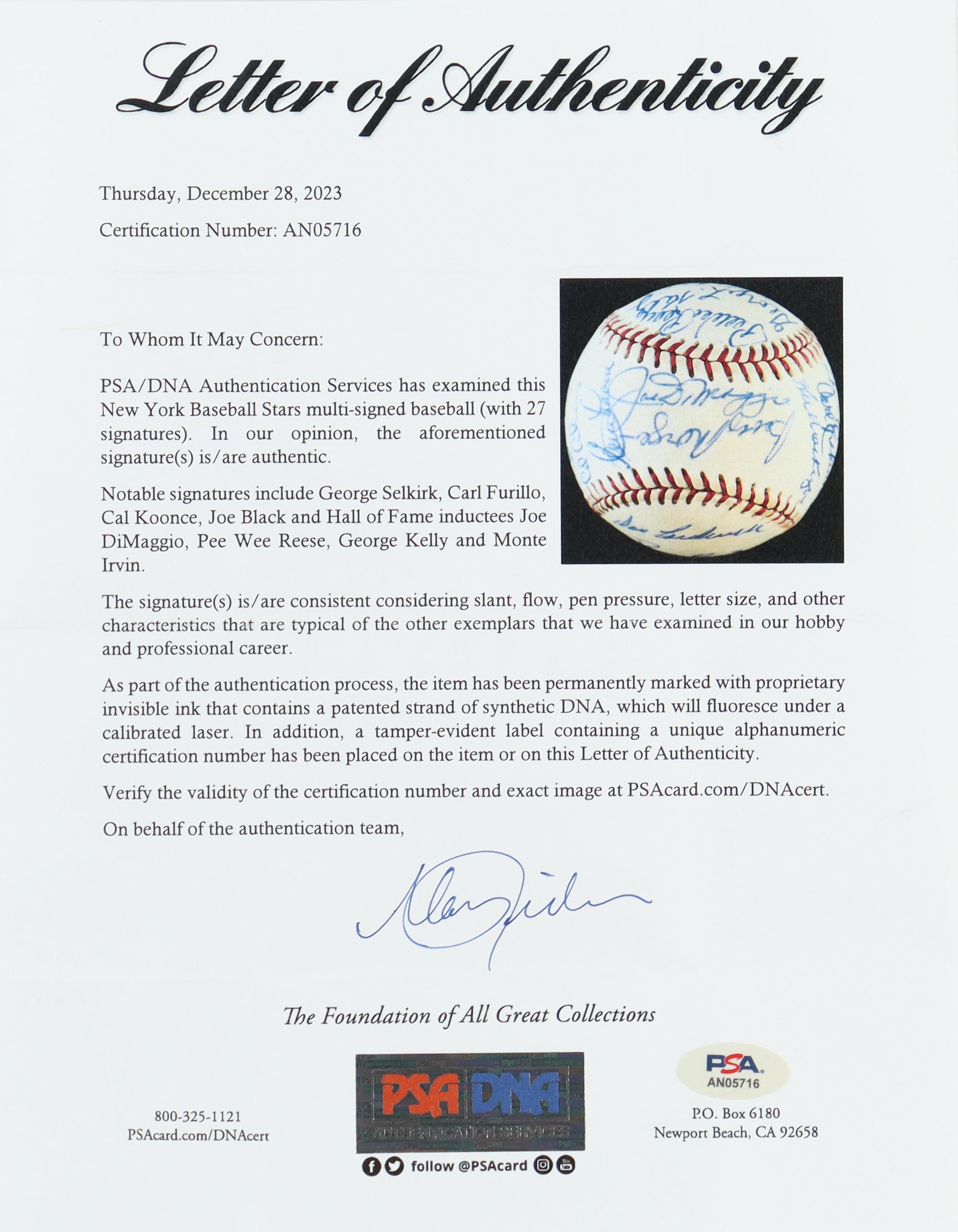 New York Baseball Stars ONL Baseball Signed by (27) with Joe Dimaggio, Pee Wee Reese, Carl Furillo, George L. Kelly in Cherry Wood Display Case (PSA) at PristineAuction.com New York Baseball Stars ONL Baseball Signed by (27) with Joe Dimaggio, Pee Wee Reese, Carl Furillo, George L. Kelly in Cherry Wood Display Case (PSA) at PristineAuction.com