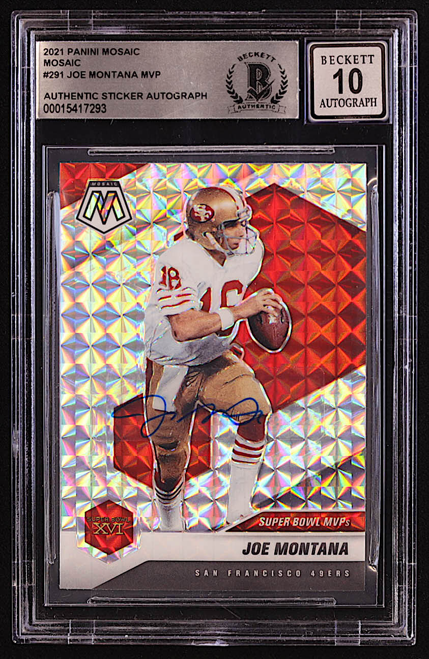 Joe Montana Signed Sticker On 2021 Panini Mosaic Mosaic #291 MVP (BGS | Autograph Graded BGS 10) at PristineAuction.com Joe Montana Signed Sticker On 2021 Panini Mosaic Mosaic #291 MVP (BGS | Autograph Graded BGS 10) at PristineAuction.com