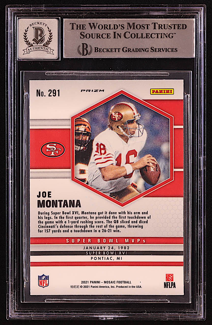 Joe Montana Signed Sticker On 2021 Panini Mosaic Mosaic #291 MVP (BGS | Autograph Graded BGS 10) at PristineAuction.com Joe Montana Signed Sticker On 2021 Panini Mosaic Mosaic #291 MVP (BGS | Autograph Graded BGS 10) at PristineAuction.com