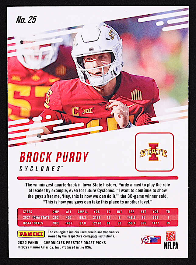 Brock Purdy 2022 Panini Chronicles Draft Picks Prestige #25 RC at PristineAuction.com Brock Purdy 2022 Panini Chronicles Draft Picks Prestige #25 RC at PristineAuction.com
