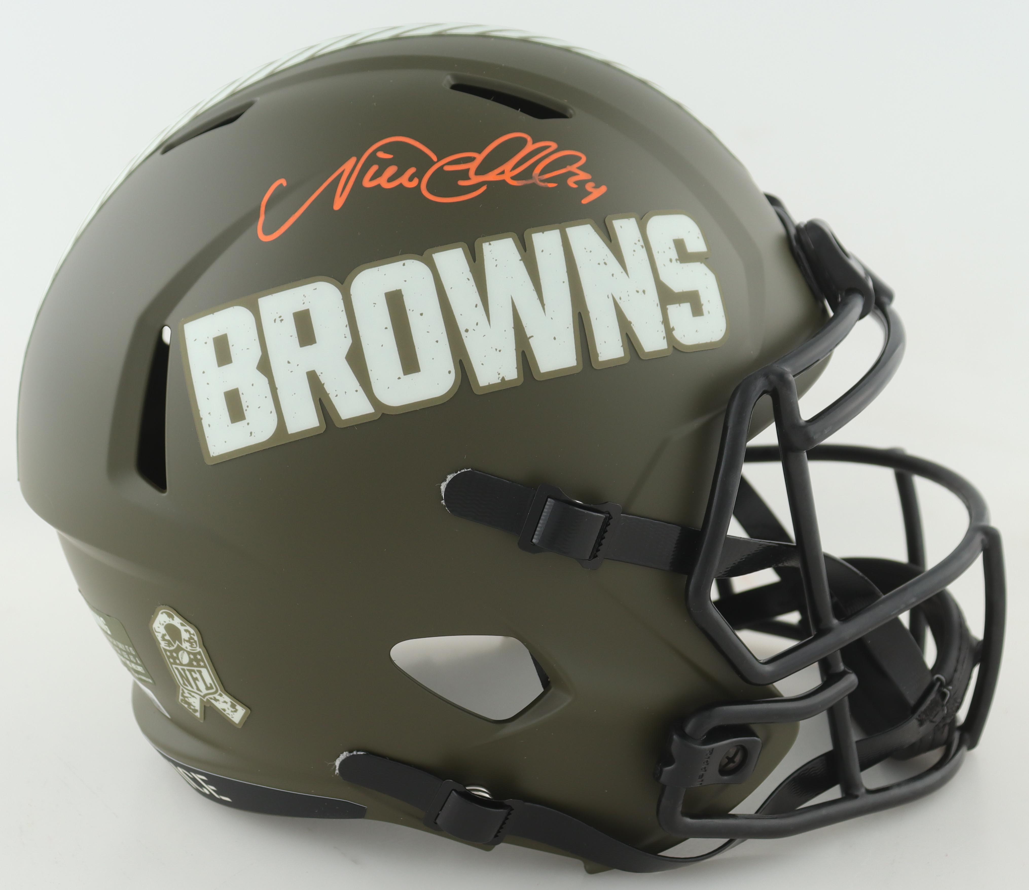 Nick Chubb Signed Browns Full-Size Authentic Salute To Service Speed Helmet (Beckett) at PristineAuction.com Nick Chubb Signed Browns Full-Size Authentic Salute To Service Speed Helmet (Beckett) at PristineAuction.com
