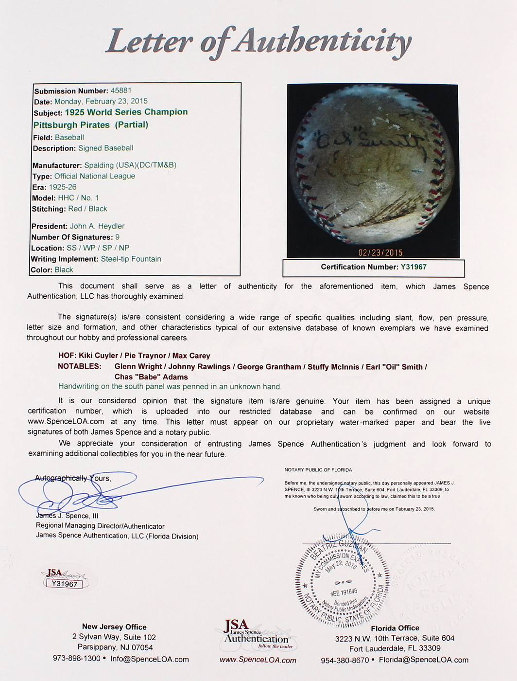 1925 World Series Champion Pirates ONL Baseball Team-Signed by (9) with Kiki Cuyler, Pie Traynor, Max Carey (JSA LOA) at PristineAuction.com 1925 World Series Champion Pirates ONL Baseball Team-Signed by (9) with Kiki Cuyler, Pie Traynor, Max Carey (JSA LOA) at PristineAuction.com