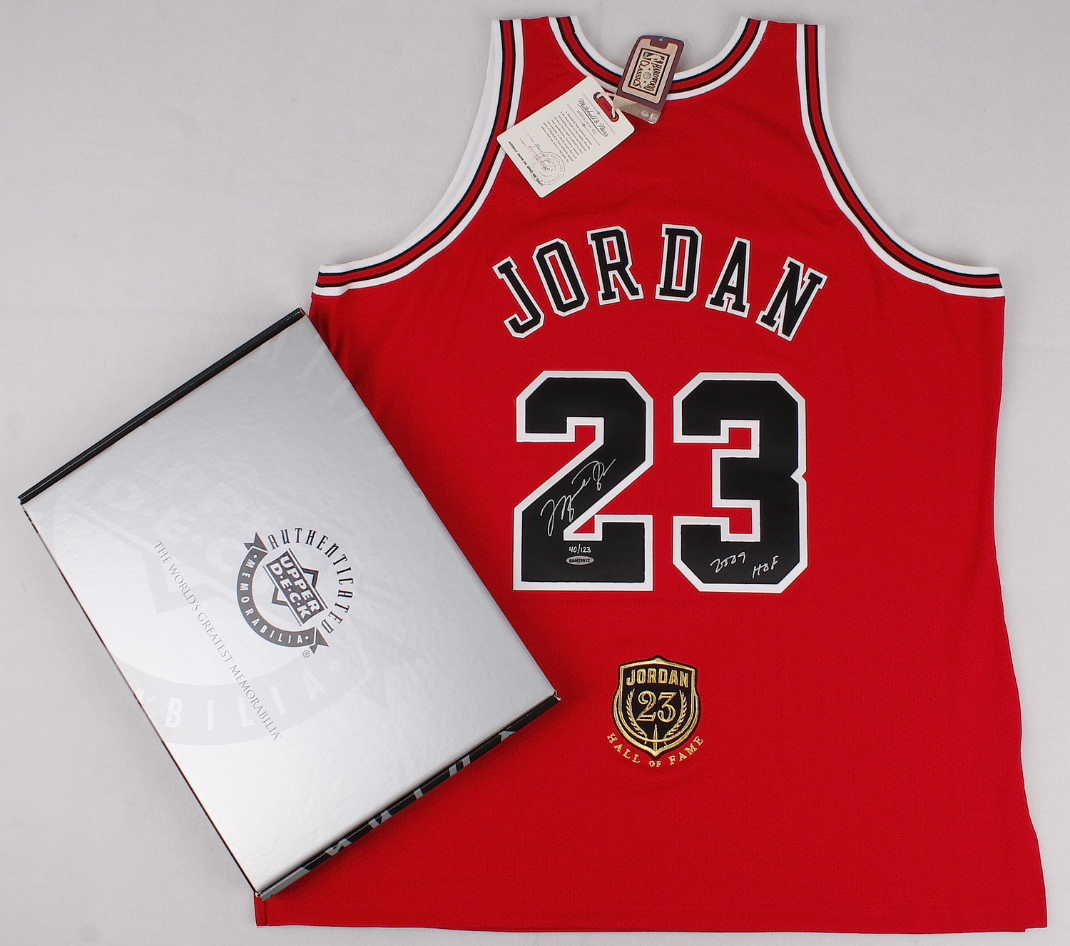 Michael Jordan Signed Limited Edition Authentic Mitchell & Ness "Hall of Fame" Bulls Jersey Inscribed "2009 HOF" #64/123 (UDA COA) at PristineAuction.com Michael Jordan Signed Limited Edition Authentic Mitchell & Ness "Hall of Fame" Bulls Jersey Inscribed "2009 HOF" #64/123 (UDA COA) at PristineAuction.com
