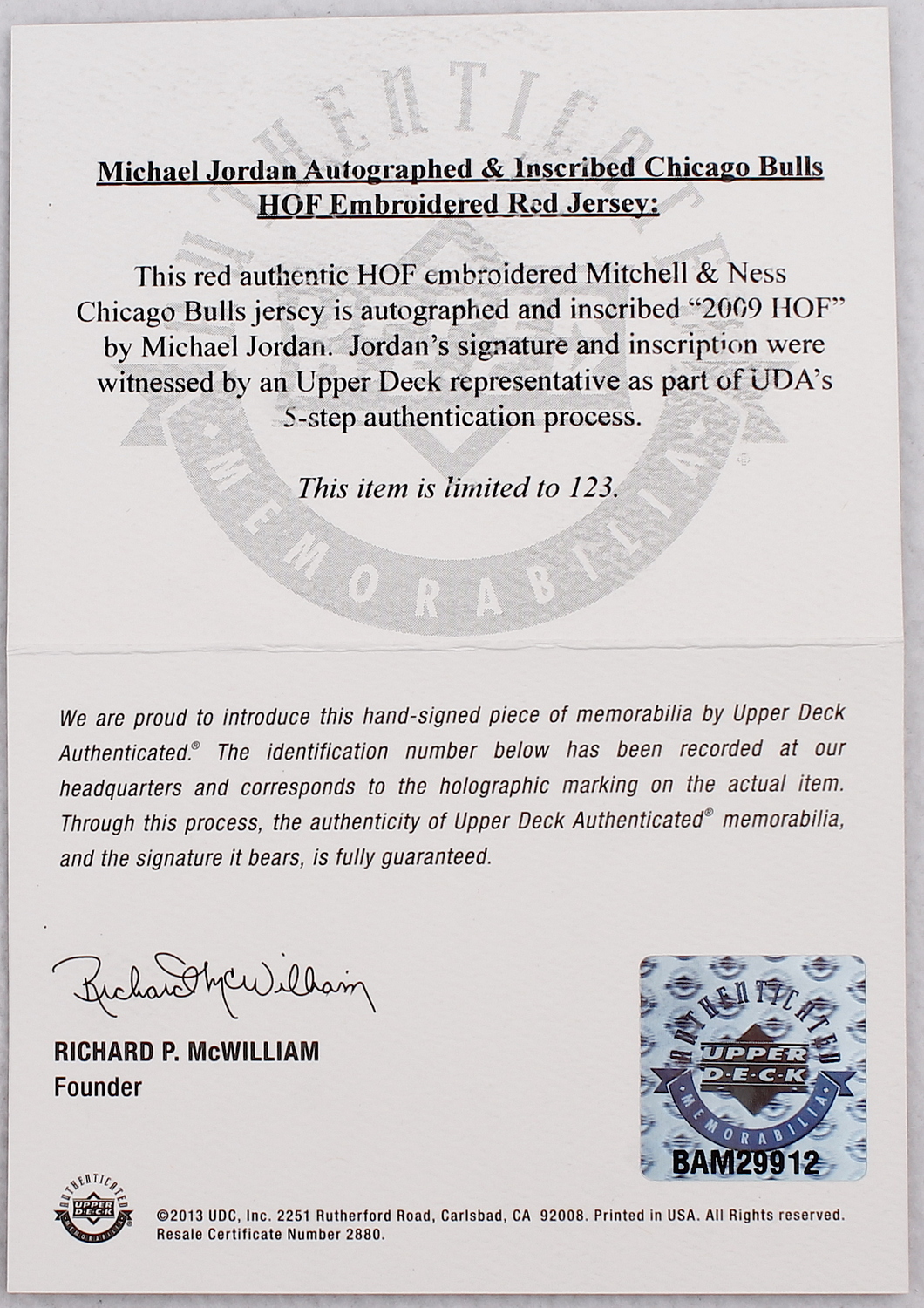 Michael Jordan Signed Limited Edition Authentic Mitchell & Ness "Hall of Fame" Bulls Jersey Inscribed "2009 HOF" #64/123 (UDA COA) at PristineAuction.com Michael Jordan Signed Limited Edition Authentic Mitchell & Ness "Hall of Fame" Bulls Jersey Inscribed "2009 HOF" #64/123 (UDA COA) at PristineAuction.com
