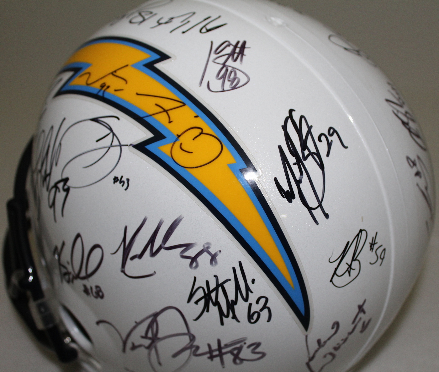 Chargers Full-Size Replica Pro Line Helmet Signed by (29) with Philip Rivers, Vincent Jackson, Darren Sproles, Kassim Osgood (PA LOA) at PristineAuction.com Chargers Full-Size Replica Pro Line Helmet Signed by (29) with Philip Rivers, Vincent Jackson, Darren Sproles, Kassim Osgood (PA LOA) at PristineAuction.com