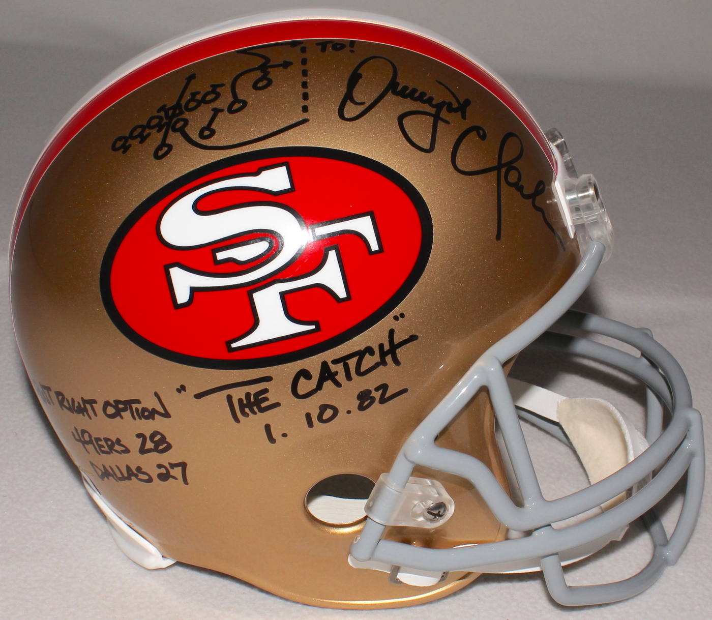Dwight Clark Signed 49ers "The Catch" Full-Size Helmet with Hand-Drawn Play Inscribed "The Catch," "1.10.82," "Sprint Right Option" & " 49ers 28 Dallas 27" (Radtke COA) at PristineAuction.com Dwight Clark Signed 49ers "The Catch" Full-Size Helmet with Hand-Drawn Play Inscribed "The Catch," "1.10.82," "Sprint Right Option" & " 49ers 28 Dallas 27" (Radtke COA) at PristineAuction.com