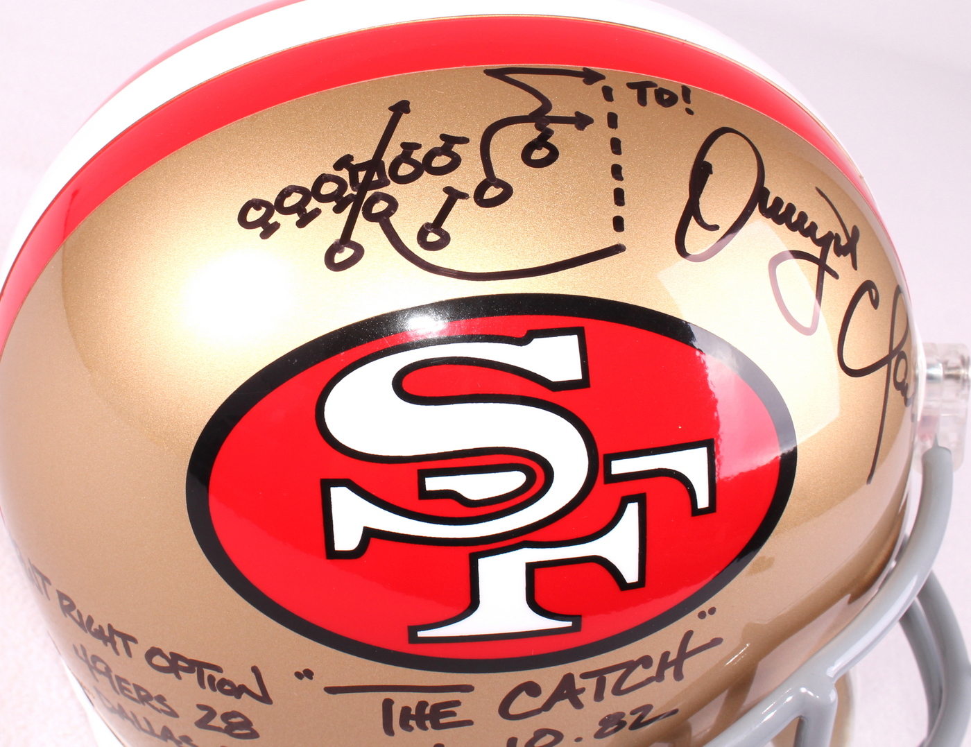 Dwight Clark Signed 49ers "The Catch" Full-Size Helmet with Hand-Drawn Play Inscribed "The Catch," "1.10.82," "Sprint Right Option" & " 49ers 28 Dallas 27" (Radtke COA) at PristineAuction.com Dwight Clark Signed 49ers "The Catch" Full-Size Helmet with Hand-Drawn Play Inscribed "The Catch," "1.10.82," "Sprint Right Option" & " 49ers 28 Dallas 27" (Radtke COA) at PristineAuction.com
