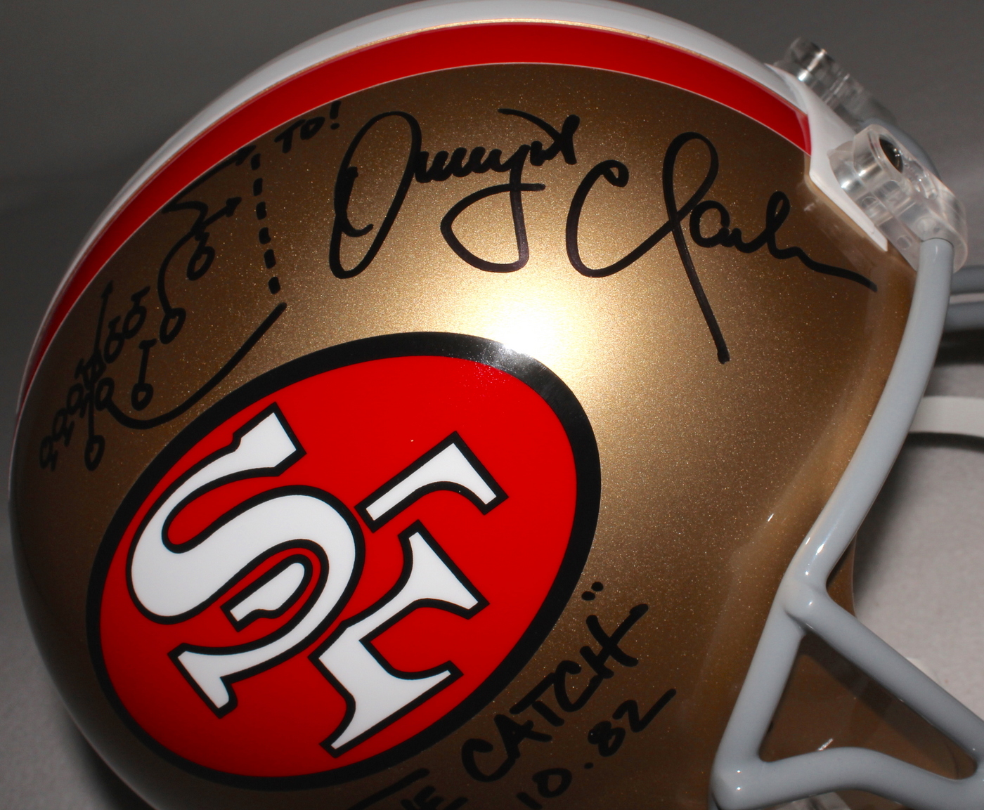 Dwight Clark Signed 49ers "The Catch" Full-Size Helmet with Hand-Drawn Play Inscribed "The Catch," "1.10.82," "Sprint Right Option" & " 49ers 28 Dallas 27" (Radtke COA) at PristineAuction.com Dwight Clark Signed 49ers "The Catch" Full-Size Helmet with Hand-Drawn Play Inscribed "The Catch," "1.10.82," "Sprint Right Option" & " 49ers 28 Dallas 27" (Radtke COA) at PristineAuction.com