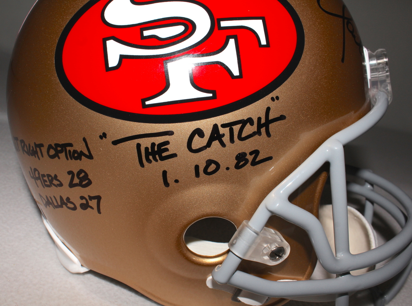 Dwight Clark Signed 49ers "The Catch" Full-Size Helmet with Hand-Drawn Play Inscribed "The Catch," "1.10.82," "Sprint Right Option" & " 49ers 28 Dallas 27" (Radtke COA) at PristineAuction.com Dwight Clark Signed 49ers "The Catch" Full-Size Helmet with Hand-Drawn Play Inscribed "The Catch," "1.10.82," "Sprint Right Option" & " 49ers 28 Dallas 27" (Radtke COA) at PristineAuction.com