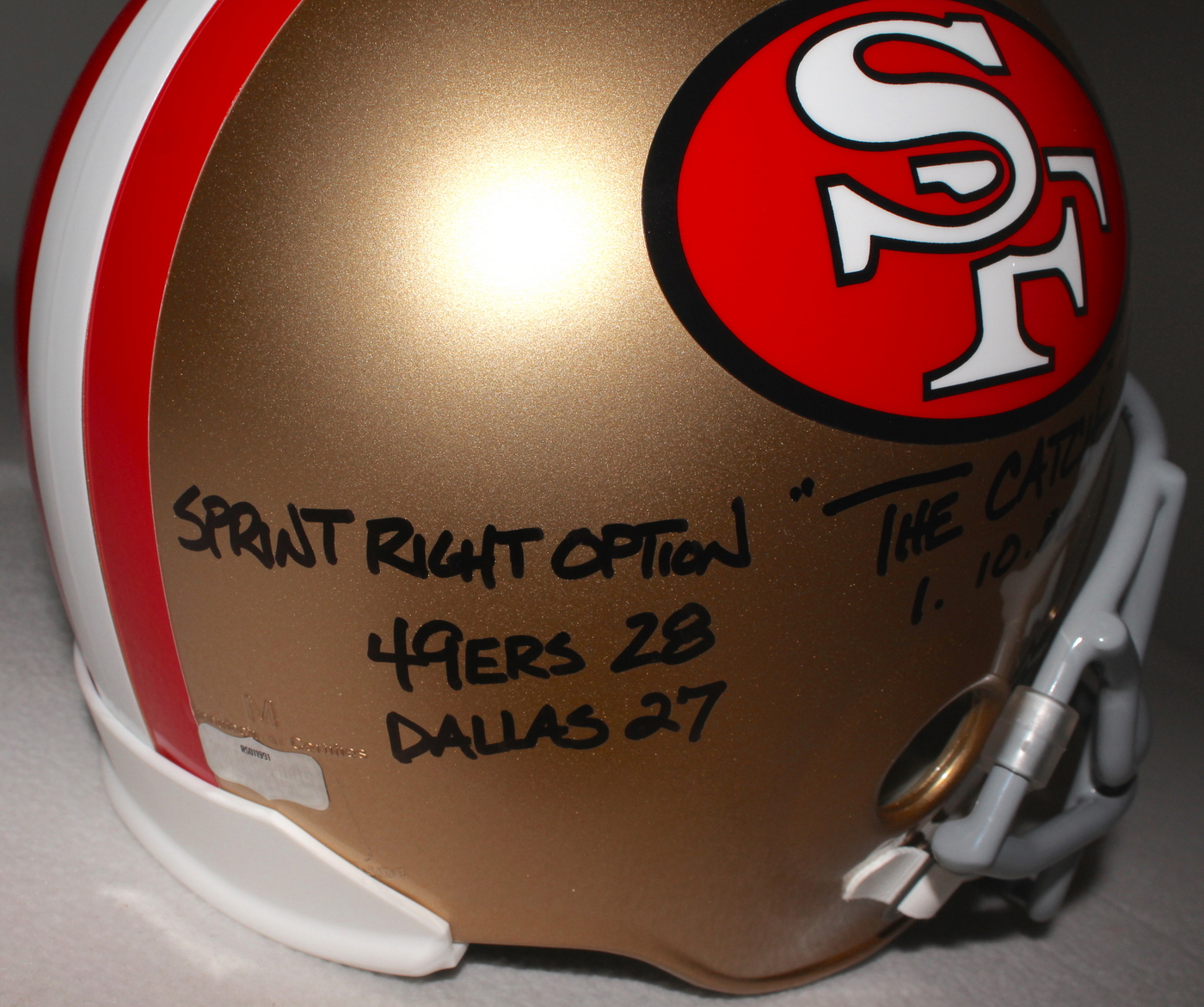Dwight Clark Signed 49ers "The Catch" Full-Size Helmet with Hand-Drawn Play Inscribed "The Catch," "1.10.82," "Sprint Right Option" & " 49ers 28 Dallas 27" (Radtke COA) at PristineAuction.com Dwight Clark Signed 49ers "The Catch" Full-Size Helmet with Hand-Drawn Play Inscribed "The Catch," "1.10.82," "Sprint Right Option" & " 49ers 28 Dallas 27" (Radtke COA) at PristineAuction.com