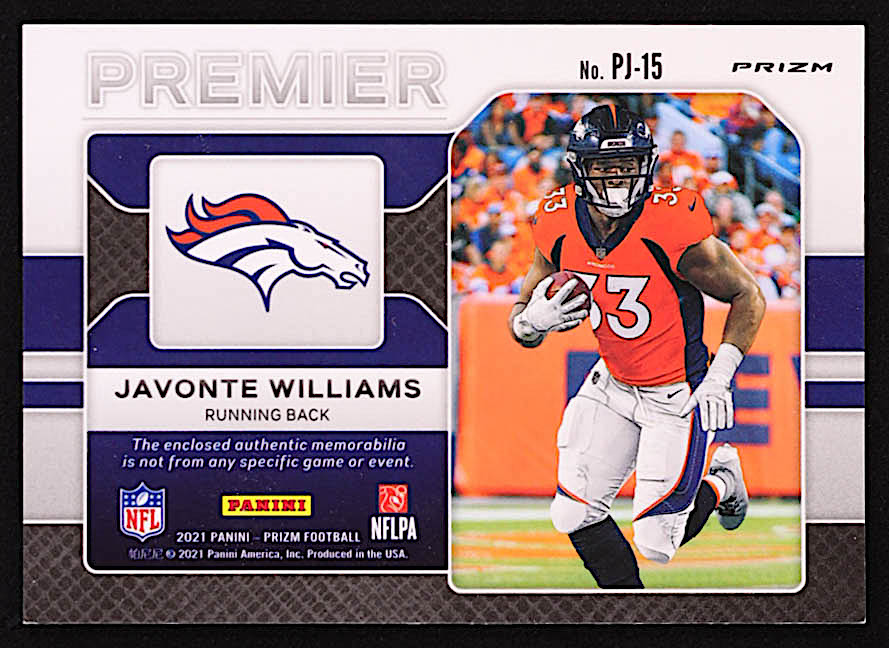 Javonte Williams 2021 Panini Prizm Premier Jerseys Pink #15 RC at PristineAuction.com Javonte Williams 2021 Panini Prizm Premier Jerseys Pink #15 RC at PristineAuction.com