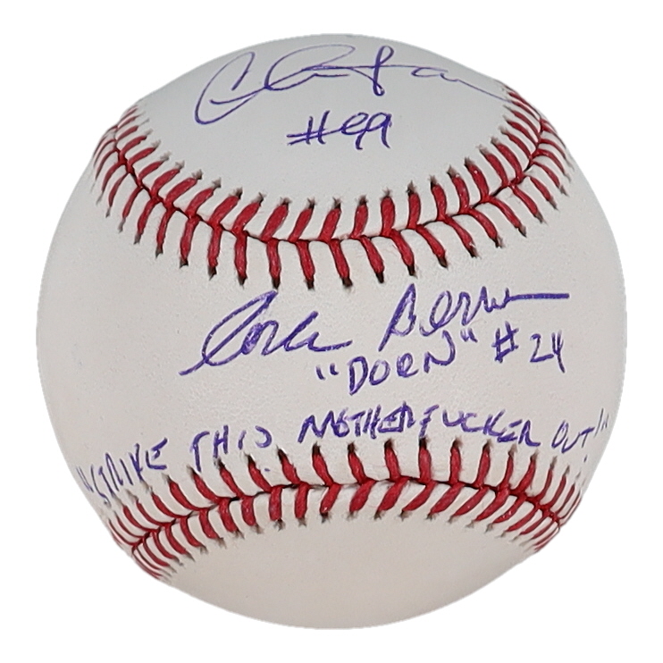 Charlie Sheen & Corbin Bernsen Signed OML Baseball Inscribed "Dorn" & "Strike This Mother*****r Out" (Beckett) at PristineAuction.com Charlie Sheen & Corbin Bernsen Signed OML Baseball Inscribed "Dorn" & "Strike This Mother*****r Out" (Beckett) at PristineAuction.com