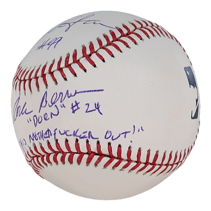 Charlie Sheen & Corbin Bernsen Signed OML Baseball Inscribed "Dorn" & "Strike This Mother*****r Out" (Beckett) at PristineAuction.com Charlie Sheen & Corbin Bernsen Signed OML Baseball Inscribed "Dorn" & "Strike This Mother*****r Out" (Beckett) at PristineAuction.com