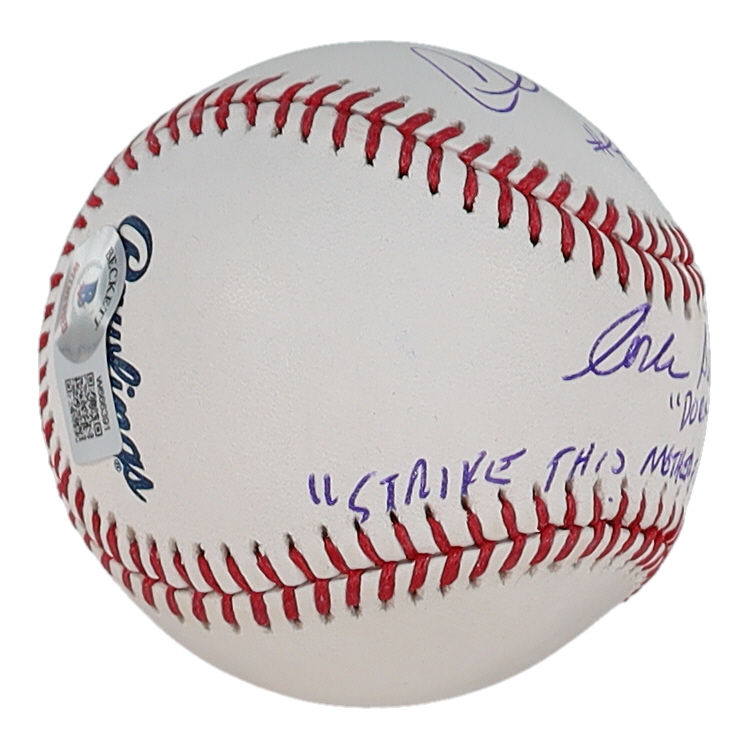 Charlie Sheen & Corbin Bernsen Signed OML Baseball Inscribed "Dorn" & "Strike This Mother*****r Out" (Beckett) at PristineAuction.com Charlie Sheen & Corbin Bernsen Signed OML Baseball Inscribed "Dorn" & "Strike This Mother*****r Out" (Beckett) at PristineAuction.com