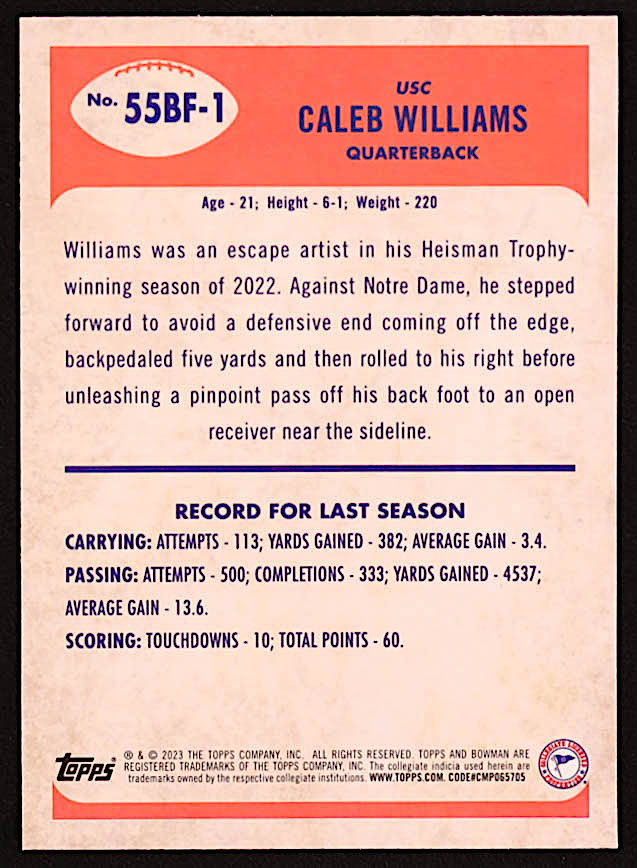 Caleb Williams 2023 Bowman Chrome University '55 Bowman #55BF1 at PristineAuction.com Caleb Williams 2023 Bowman Chrome University '55 Bowman #55BF1 at PristineAuction.com