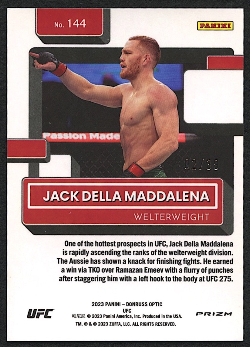 Jack Della Maddalena 2023 Donruss Optic UFC Black Velocity #144 RR RC #02/39 at PristineAuction.com Jack Della Maddalena 2023 Donruss Optic UFC Black Velocity #144 RR RC #02/39 at PristineAuction.com